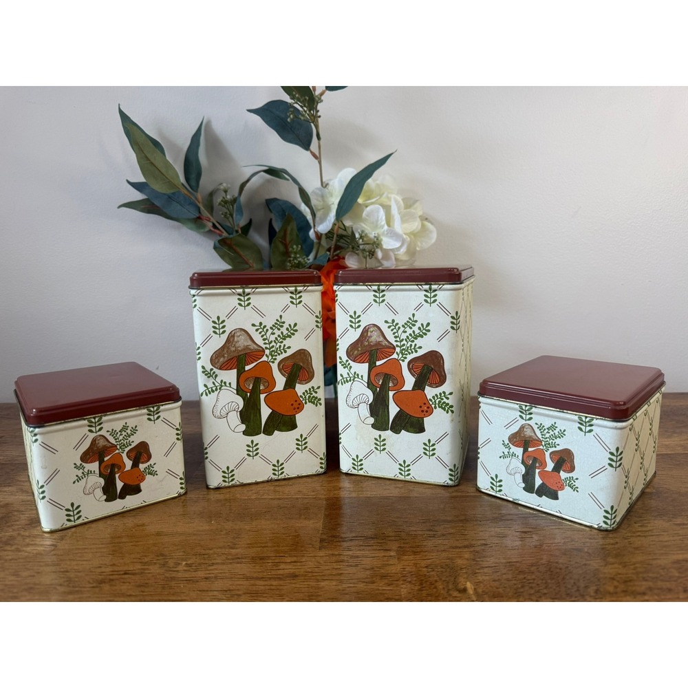 Vintage J L Clark Mushroom Canister Set Metal Kitchen Tins Cottagecore Decor MCM